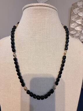 Vintage Black Bead Gold Tone Necklace 24”